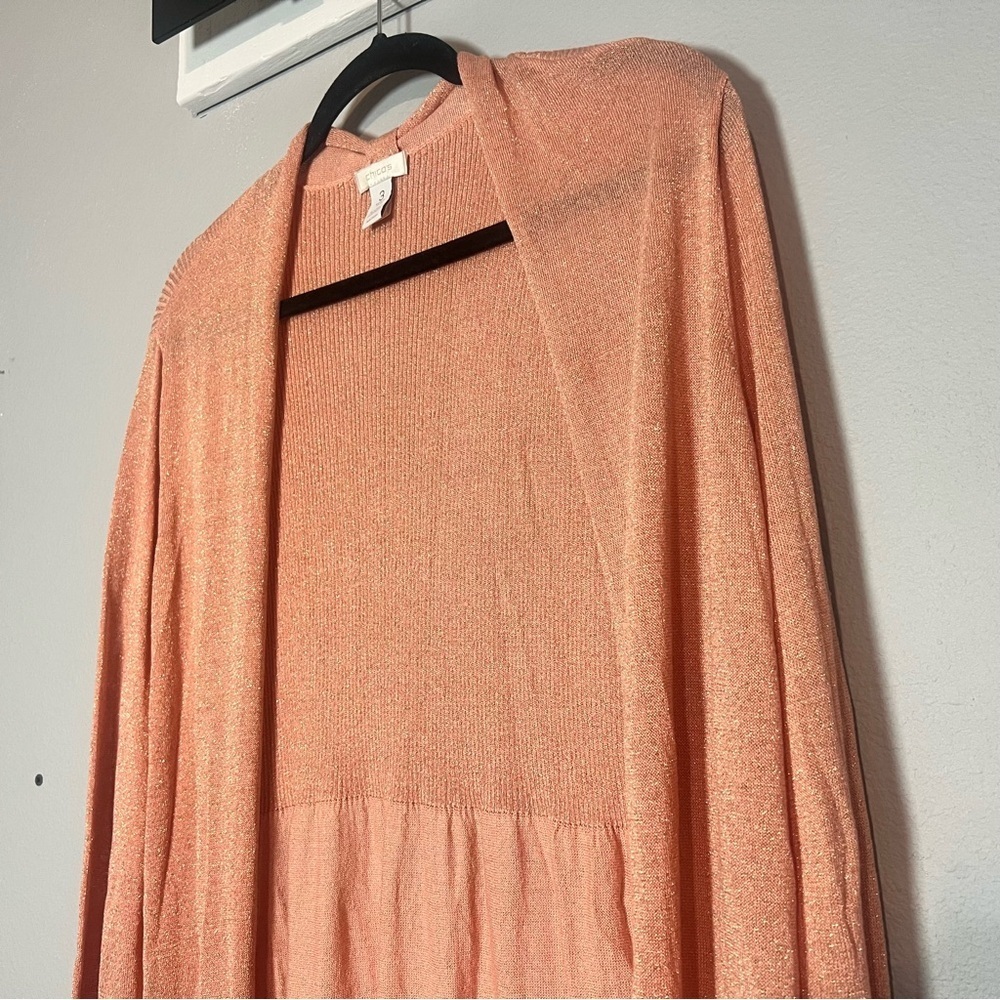 Chico’s Open Front Cardigan Sweater Light Pink Metallic Silver Shimmer Size 3 XL